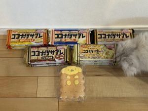 5種類のココナッツサブレ(通常、発酵バター、トリプルナッツ、濃厚ベイクドチーズ、プリン味)とコラボポーチ。横には猫が写っている様子。